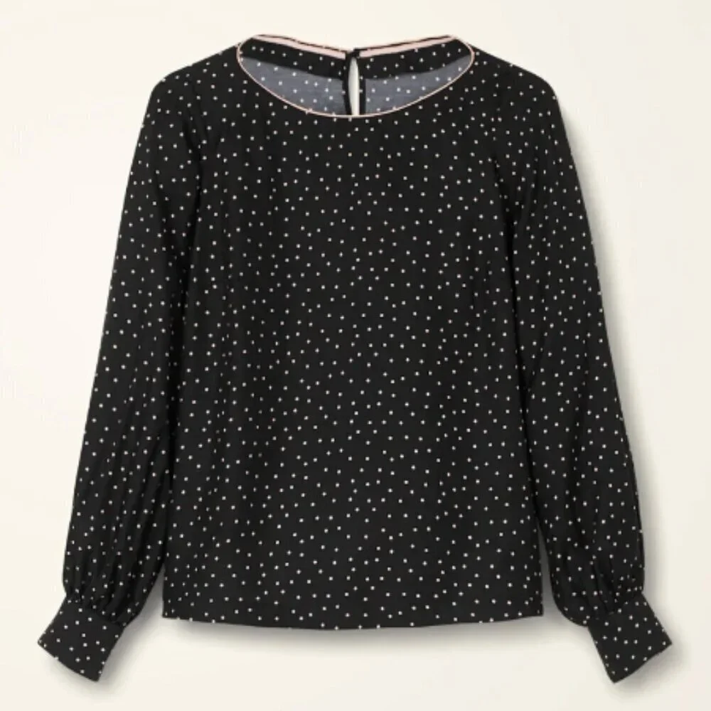 Boden 'Zada' Polka Dot Print Long Sleeve Blouse in Black/Pastel Pink Size 8